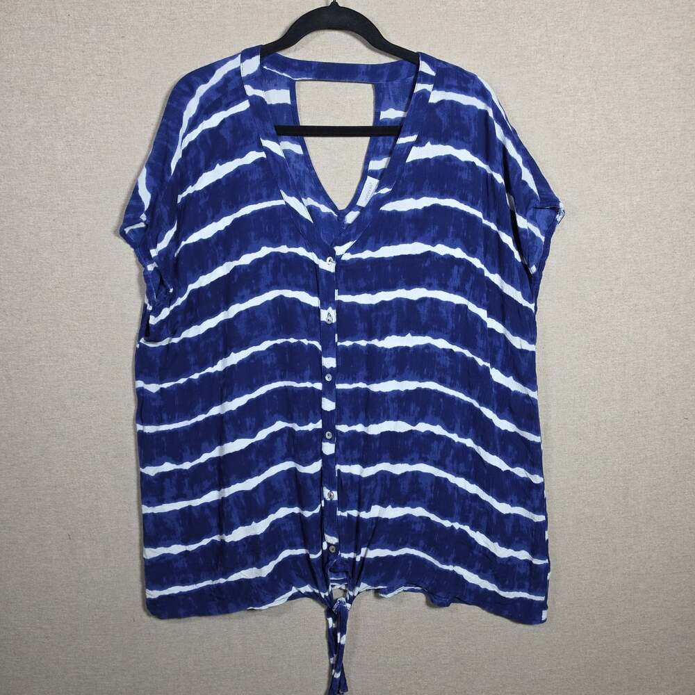 Avenue Blouse Top Womens 18/20 Plus Size Blue Tie Dye Striped Split Tie